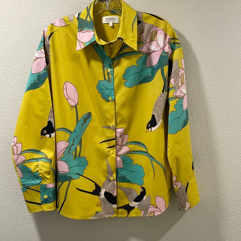 Psophia (Vazquez de Castro) Rare Find Button Down Tropical Blouse, Yellow - L